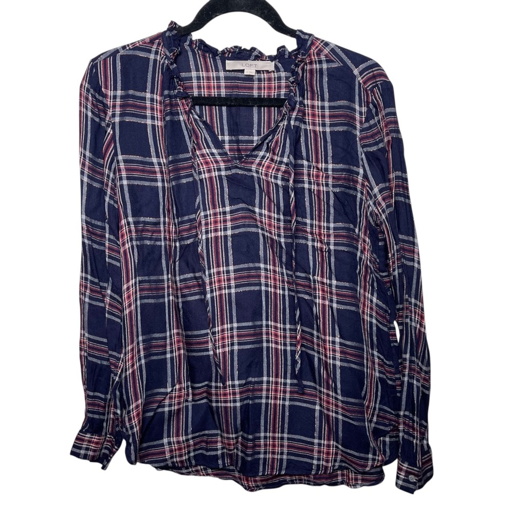 LOFT Women's Size S Navy Red Plaid Ruffle Neck Tie V-Neck Long Sleeve Blouse Top